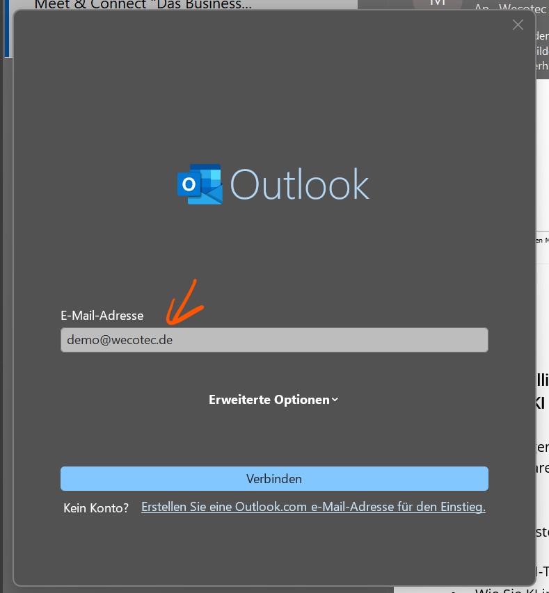Outlook Step: E-Mail-Adresse eintragen