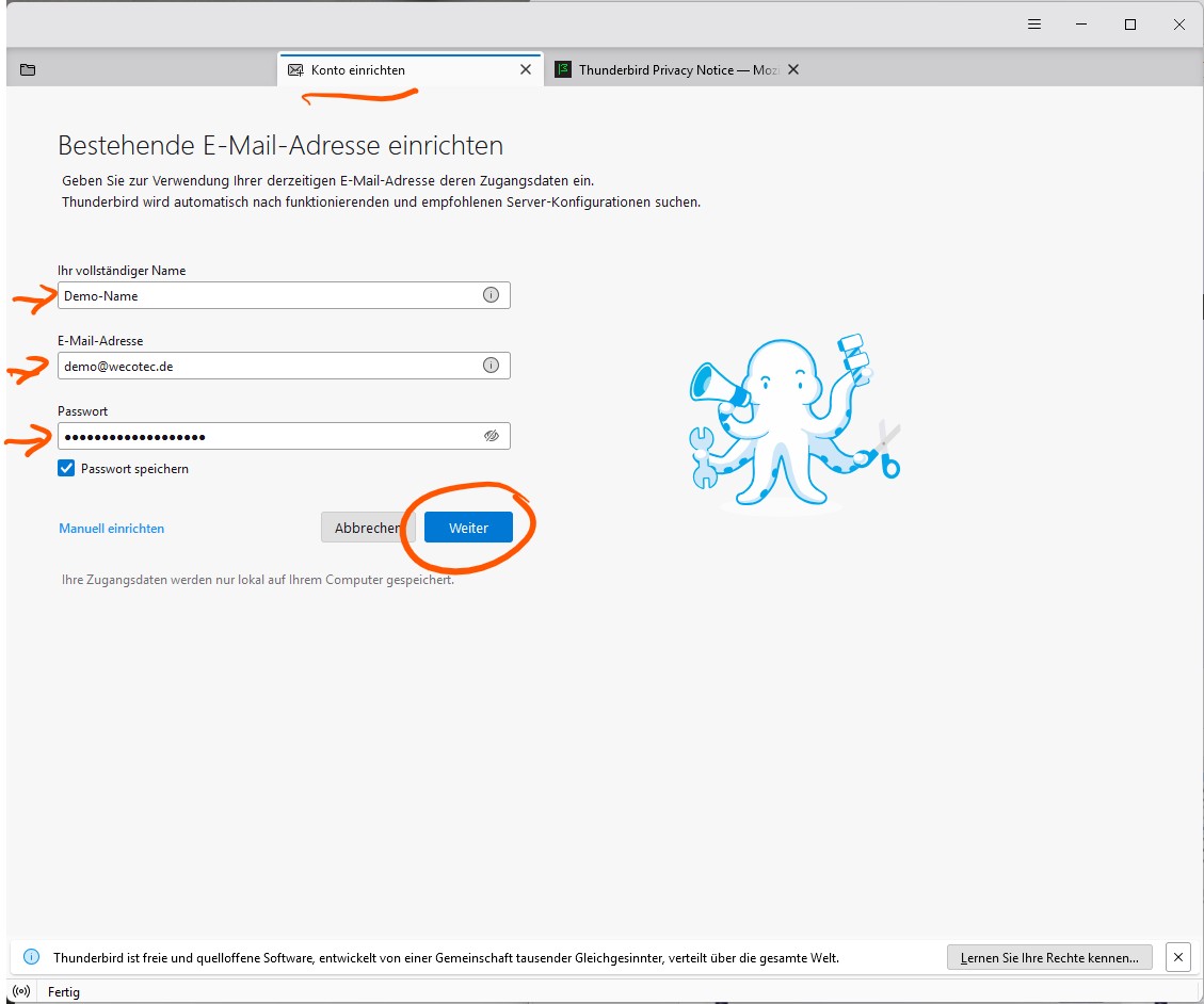 Thunderbird Step: Daten eintragen