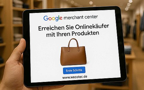 Ein Tablet mit einem Symbolbild für Erfolg mit Google Merchant
