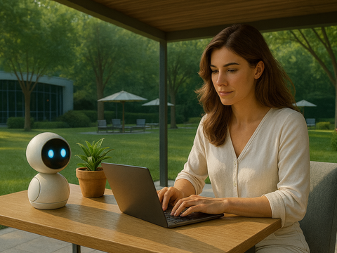 Symbolbild für Chatbot. Frau sitzt am Laptop mit einem kleinen Mini-Roboter auf ihrem Schreibtisch